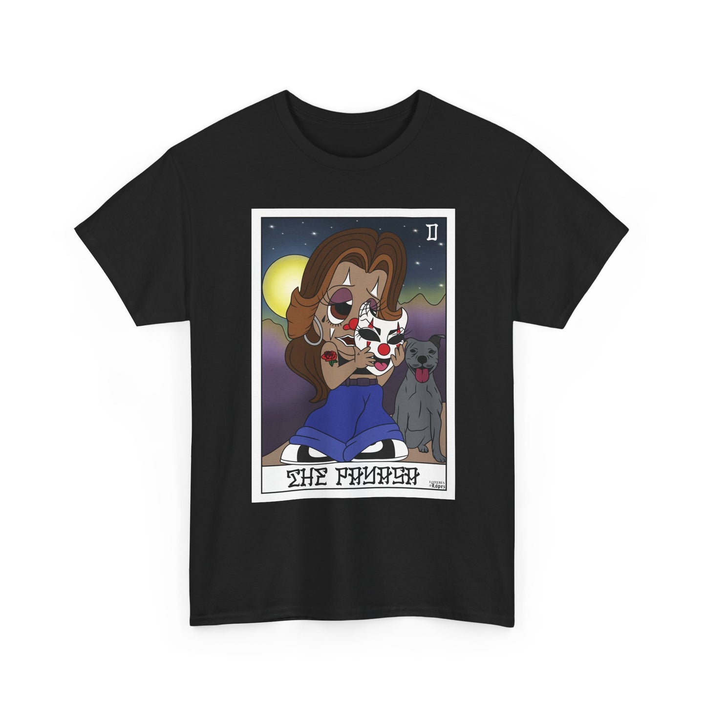 The Payasa Tarot Graphic Tee, Smile Now Cry Later Tarot-Inspired Shirt, Direct-to-Fabric Printing